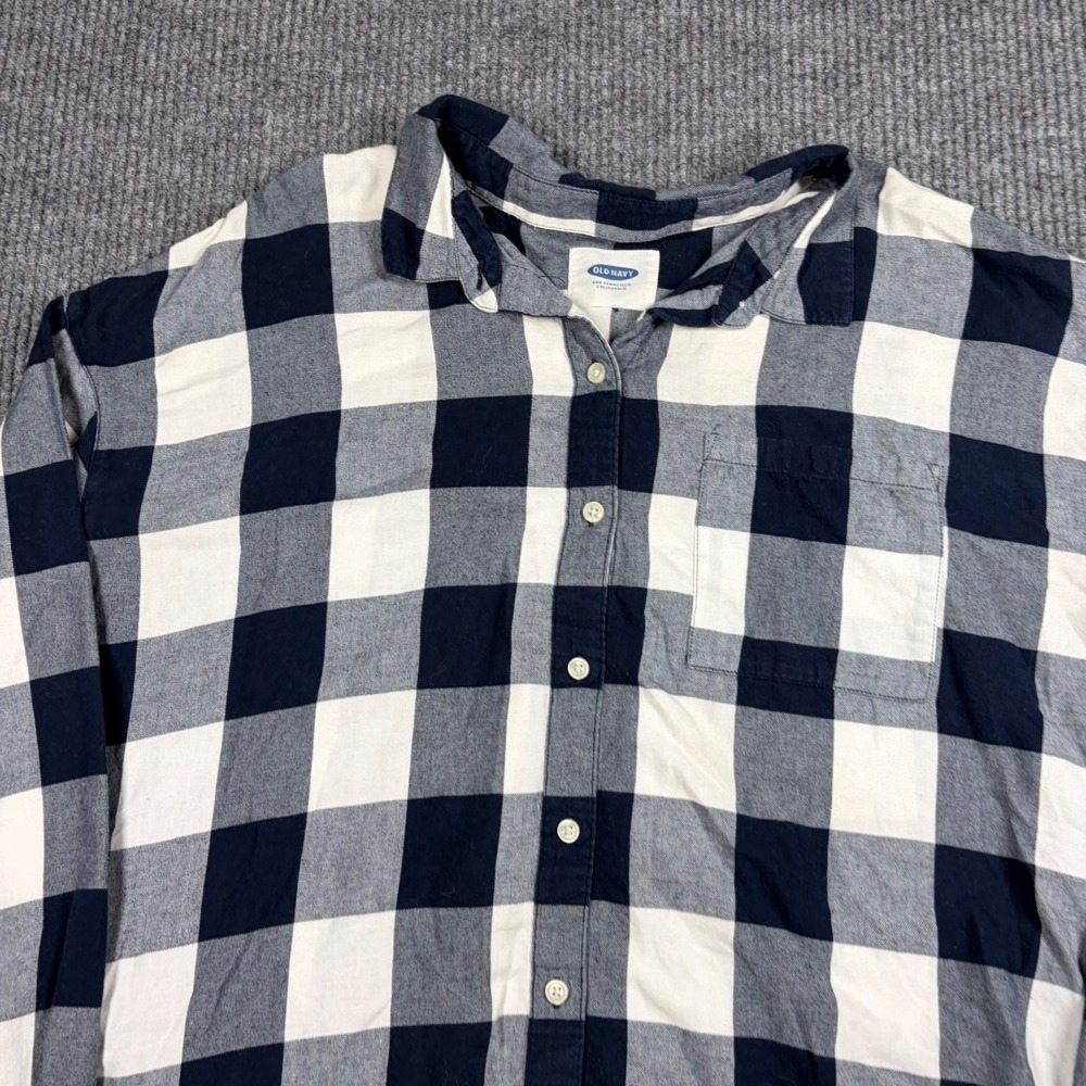 Old Navy Shirt Mens XL Blue White Buffalo Plaid Flannel Long Sleeve Button Down - Picture 2 of 8